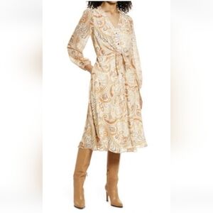 Julia Jordan Paisley Boho A Line Tie-Waist Midi Dress Prarie Western